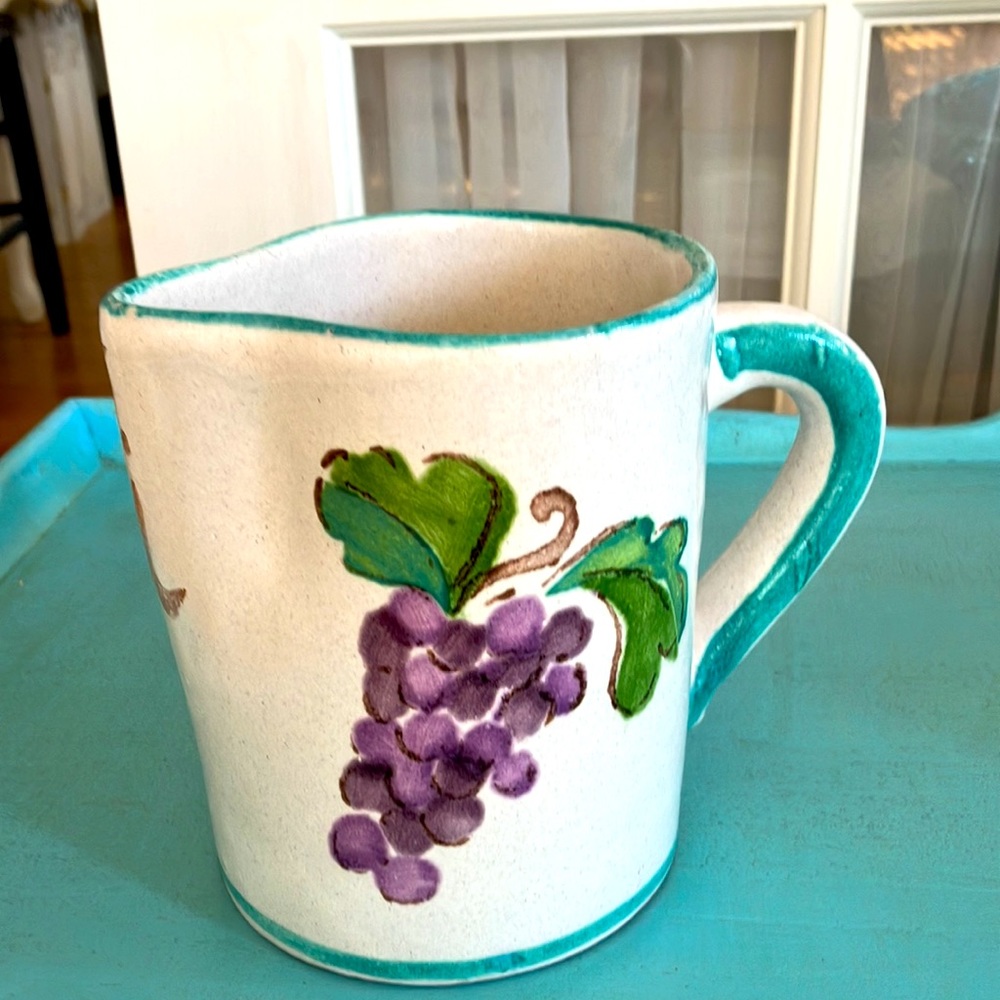 Ceramic Pitcher “Chianti” With Grapes, Leaves Design, Turquoise, 1 Quart